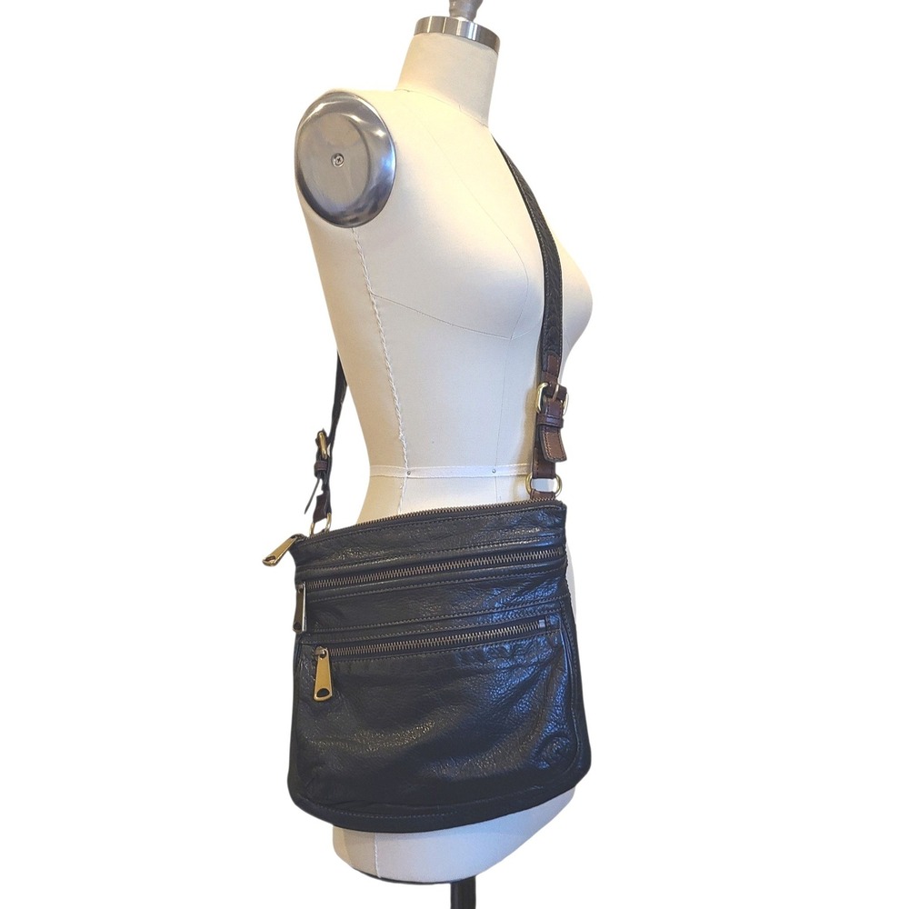 Fossil Black Leather Crossbody Bag Brown Trim Multi-Pocket Messenger Purse